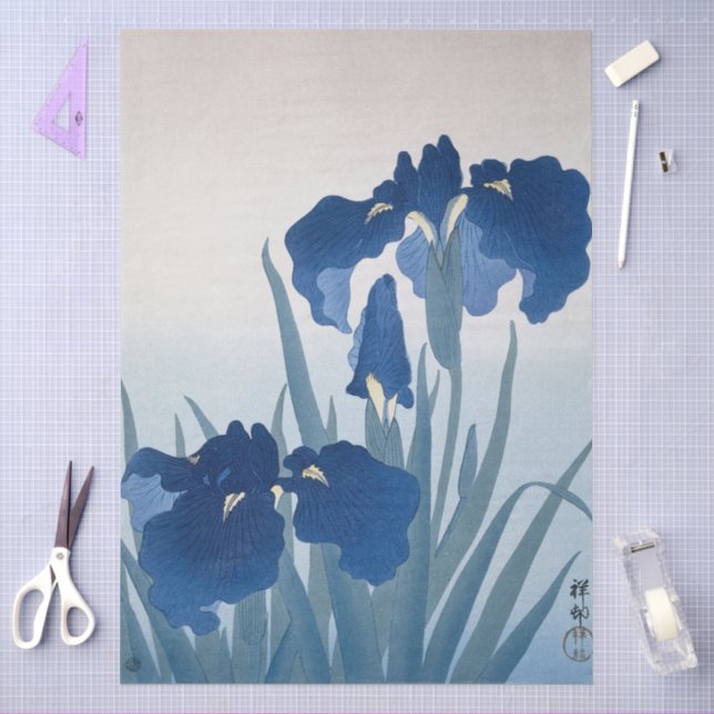 Papier Mousseline Peinture d'Iris Bleus par Ohara Koson Découpage  (Artisanat)