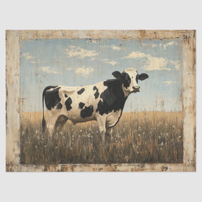 Papier Mousseline Peinture rustique d'une vache dans une prairie écl (Recto)