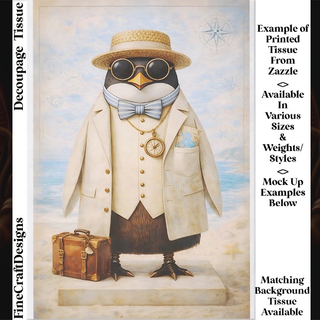 Papier Mousseline Penguin Seaside Traveller & Suitcase FG5 Decoupage (Créateur téléchargé)
