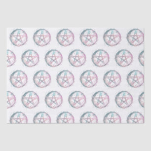 Papier Mousseline Pentagramme rose et Turquoise Halloween blanc