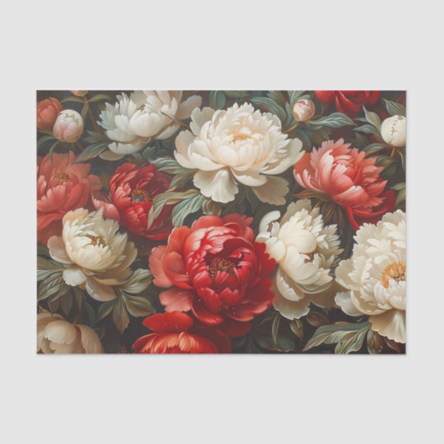 Papier Mousseline Peonies en Découpage rouge et blanc (Recto)
