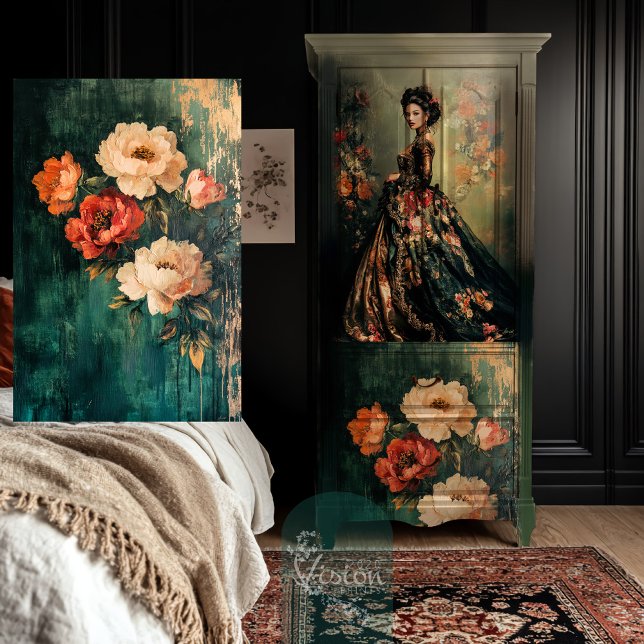 Papier Mousseline Peonies Floral, Peint Moody Réalisme Abstrait (Peony Floral, Vibrant Moody Painted, Abstract Realism, Decoupage Tissue.)