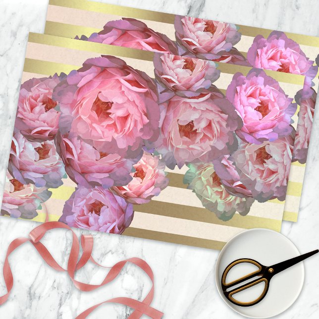 Papier Mousseline Peonies roses sur l'or Horizontal bandes Découpage (Créateur téléchargé)