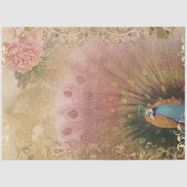 Papier Mousseline Peony Floral Peacock Blush Pink Gold Decoupage (Recto)