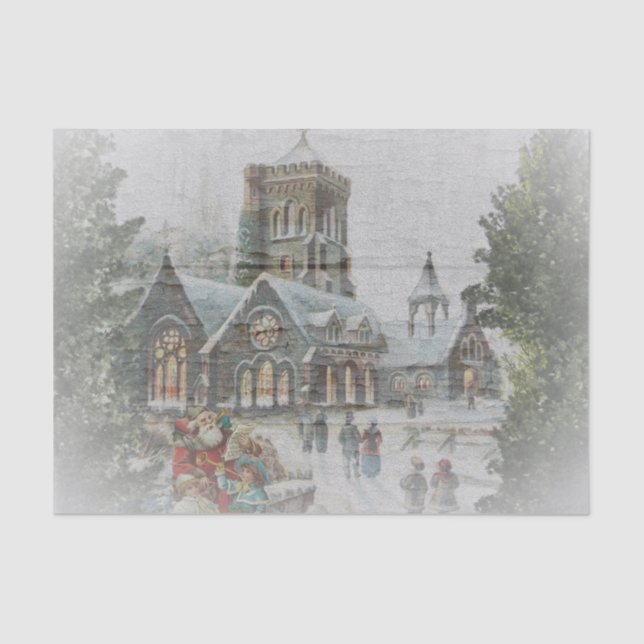 Papier Mousseline Père Noël ancienne avec enfants devant une église (Recto)