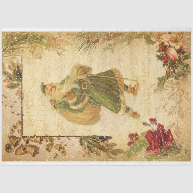 Papier Mousseline Père Noël en Neige avec Roses & Musique (Recto)