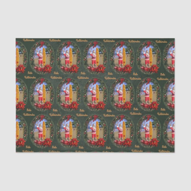 Papier Mousseline Père Noël hawaïen avec la planche de surf (Recto)