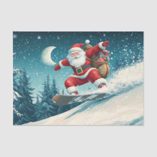 Papier Mousseline Père Noël livrant des cadeaux de Noël sur un snowb