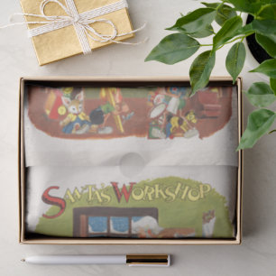 Papier Mousseline Père Noël vintage avec des lutins dans l'atelier d