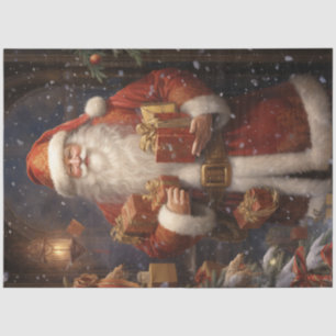 Papier Mousseline Père Noël vintage en forêt avec cadeaux
