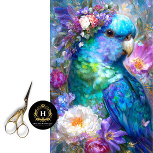 Papier Mousseline Perroquet Australien Bleu avec Couronne Florale Dé