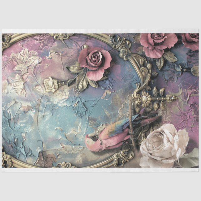 Papier Mousseline Perroquet, Chic Shabby, Oiseau Ornemental & Art Fl (Recto)