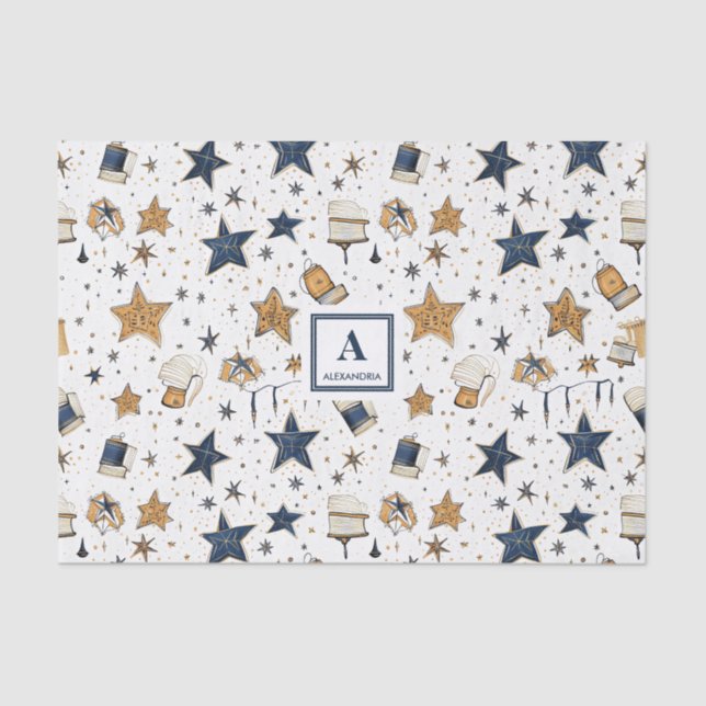 Papier Mousseline Personnalisé Elegant Blue & Gold Stars Motif (9) (Recto)