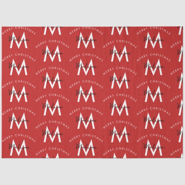 Papier Mousseline Personnalisé moderne Joyeux Noël Monogramme rouge (Recto)