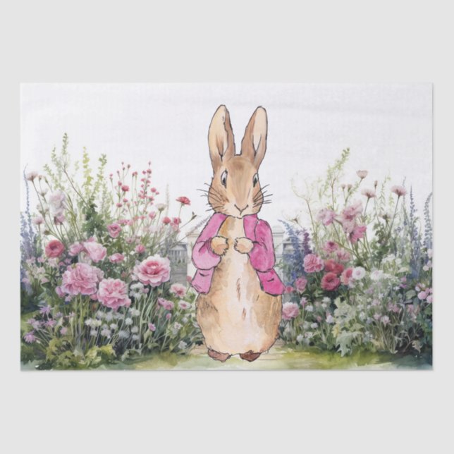 Papier Mousseline Peter le lapin rose dans son jardin (Recto)