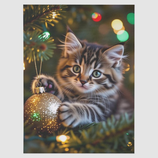 Papier Mousseline Petit chaton sur l'arbre de Noël   (Recto)