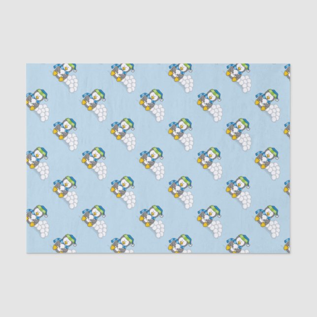 Papier Mousseline Petit pingouin assis avec des boules de neige Papi (Recto)