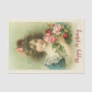 Papier Mousseline Petite fille avec les roses roses, anniversaire