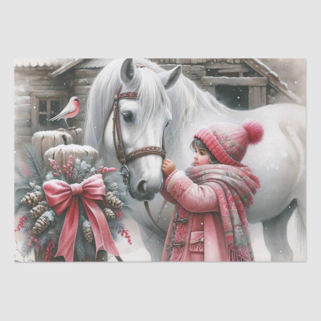 Papier Mousseline Petite fille et son cheval Noël rustique (Recto)