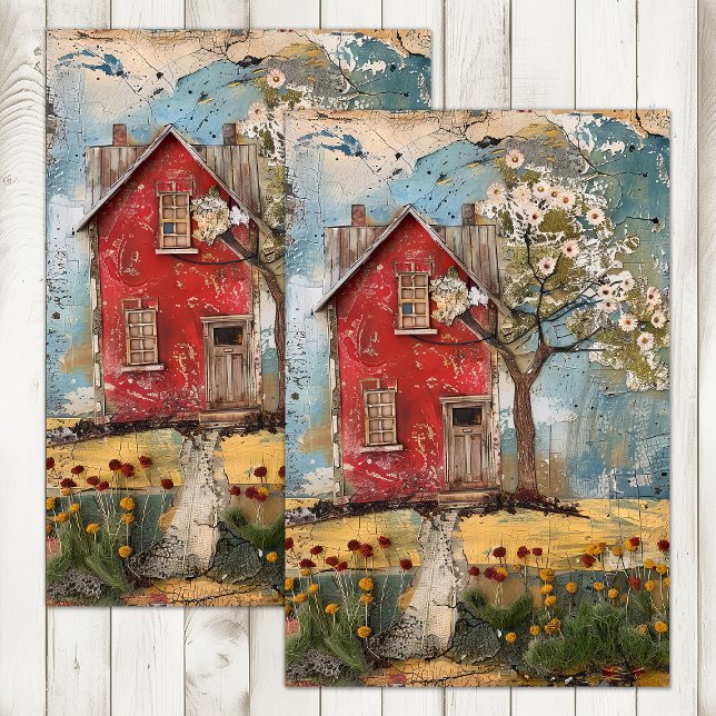PAPIER MOUSSELINE PETITE MAISON ROUGE DE CAMPAGNE DECOUPAGE MIXTE (TINY RED COUNTRY HOUSE MIXED MEDIA DECOUPAGE TISSUE PAPER)