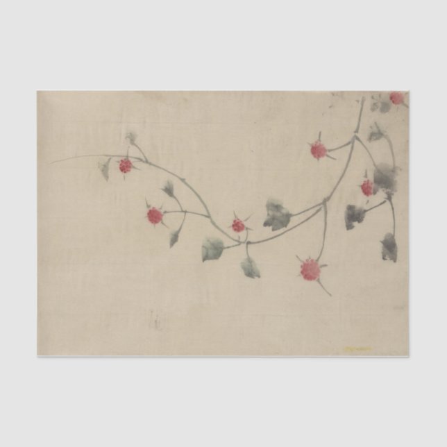 Papier Mousseline Petites fleurs rouges sur une vigne par Hokusai (Recto)