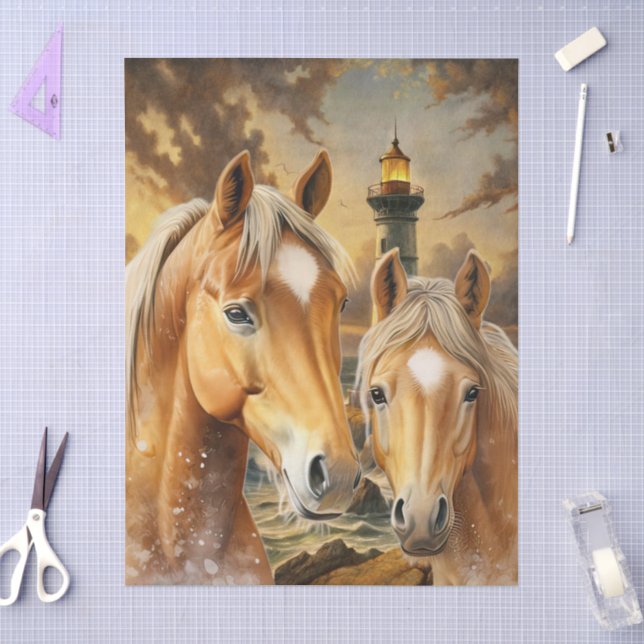 Papier Mousseline Phare de chevaux et scène océanique (Artisanat)