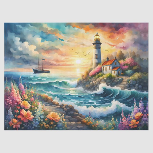 Papier Mousseline Phare Jardin floral sur la mer (Recto)