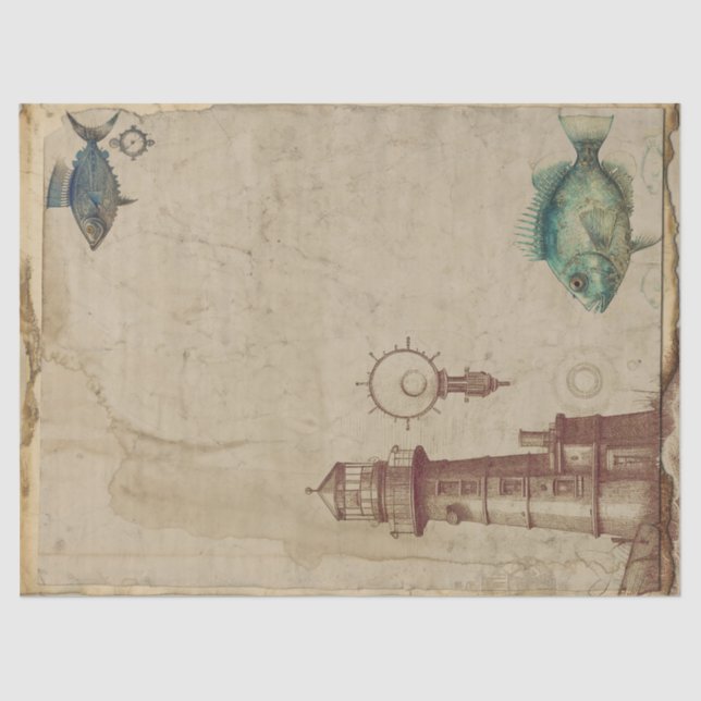 Papier Mousseline Phare vintage et découpage de poisson (Recto)