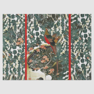 Papier Mousseline Pheasants à Snow, Pine Tree, Roses, Japanese Flora
