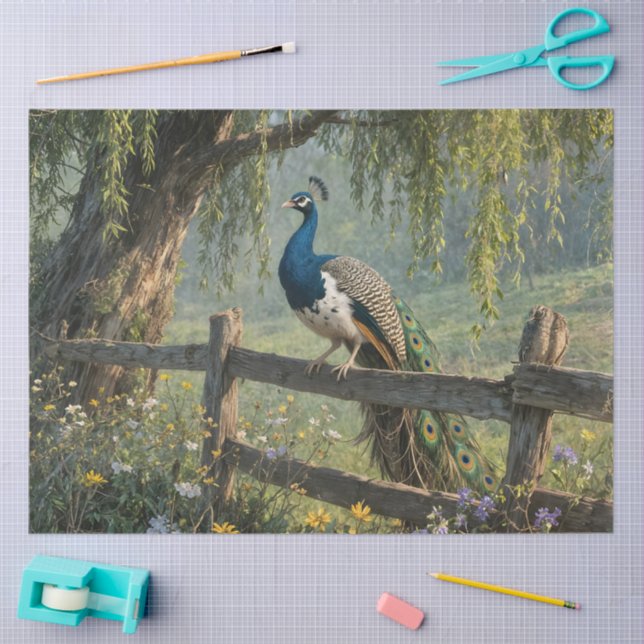Papier Mousseline Piebald Peacock on Split rail fence (Artisanat)