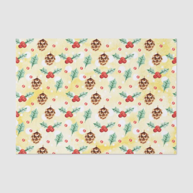 Papier Mousseline Pine Cones et Motif de Noël Holly (Recto)