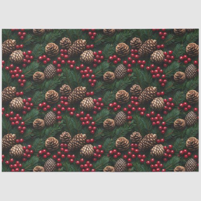 Papier Mousseline Pine Cones Holly Berries Spruce Sprig Motif (Recto)