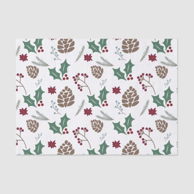 Papier Mousseline Pinecone, Holly & Berries Rouge, Blanc Vert (Recto)