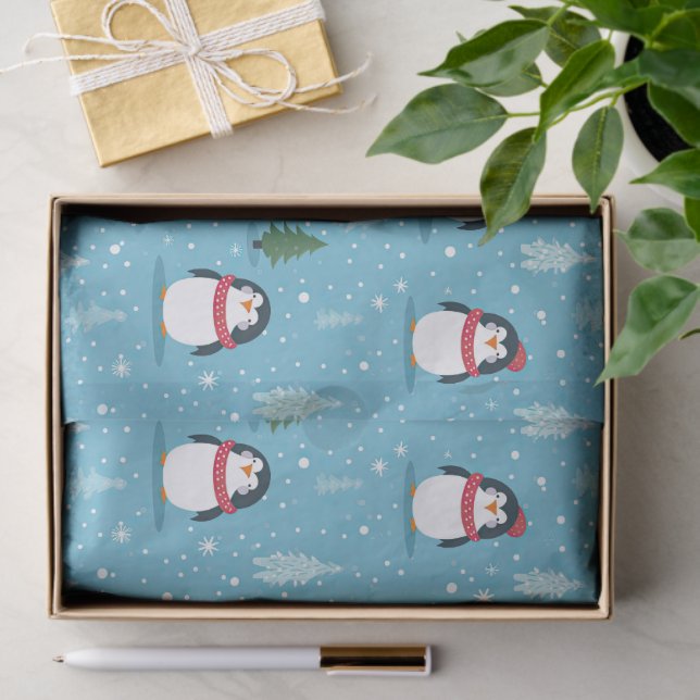 Papier Mousseline Pingouins mignons en bleu clair avec des flocons d (Cadeau)