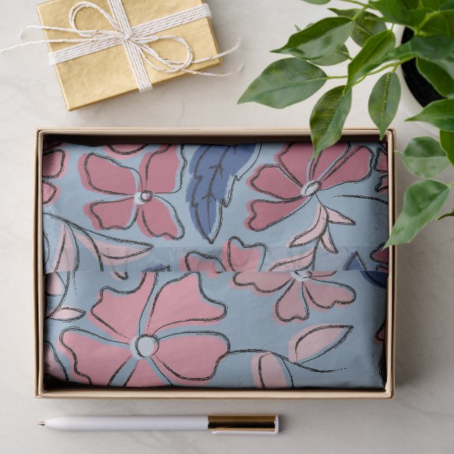 Papier Mousseline Pink and Blue Hand Drake Floral Block Print (Cadeau)