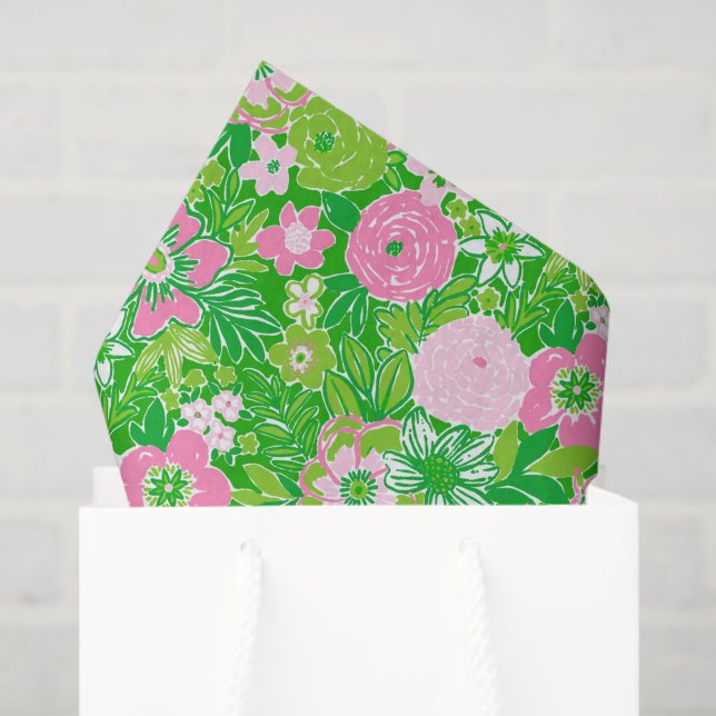 Papier Mousseline Pink and Green Preppy Palm Beach Floral (Sac cadeau)