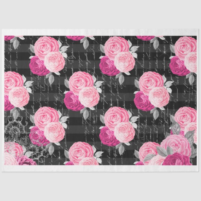 Papier Mousseline Pink & Black Shabby Glam Roses 2 papier découpage (Recto)