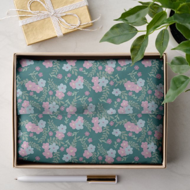 Papier Mousseline Pink & Blue Floral Pattern on Teal – Modern (Cadeau)