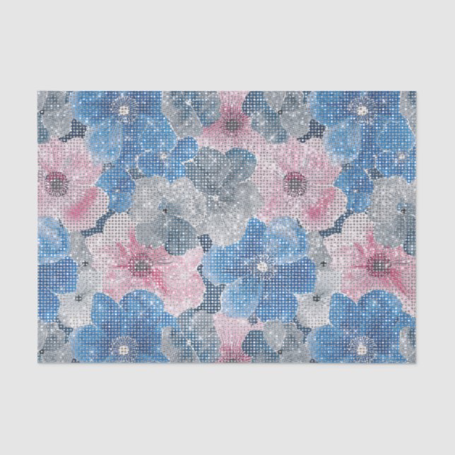 Papier Mousseline Pink Blue Flowers Sparkle (Recto)