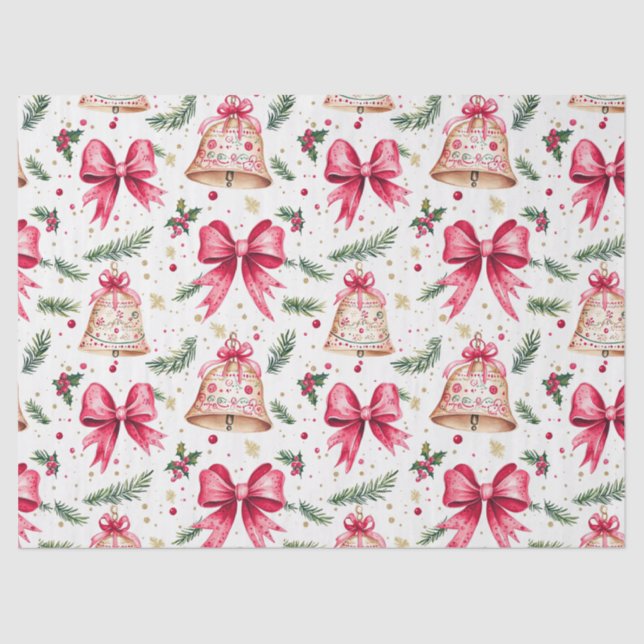 Papier Mousseline Pink Bows Gold Bells Noël (Recto)