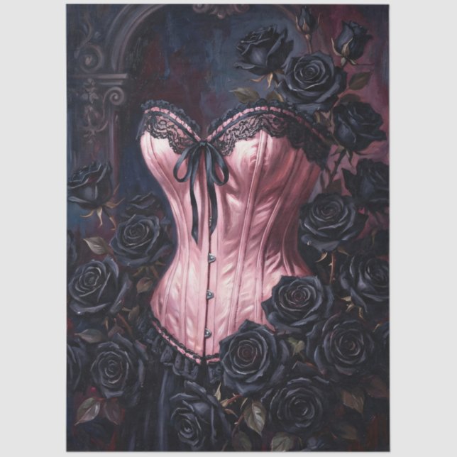 Papier Mousseline Pink Corset Black Roses Decoupage (Recto)
