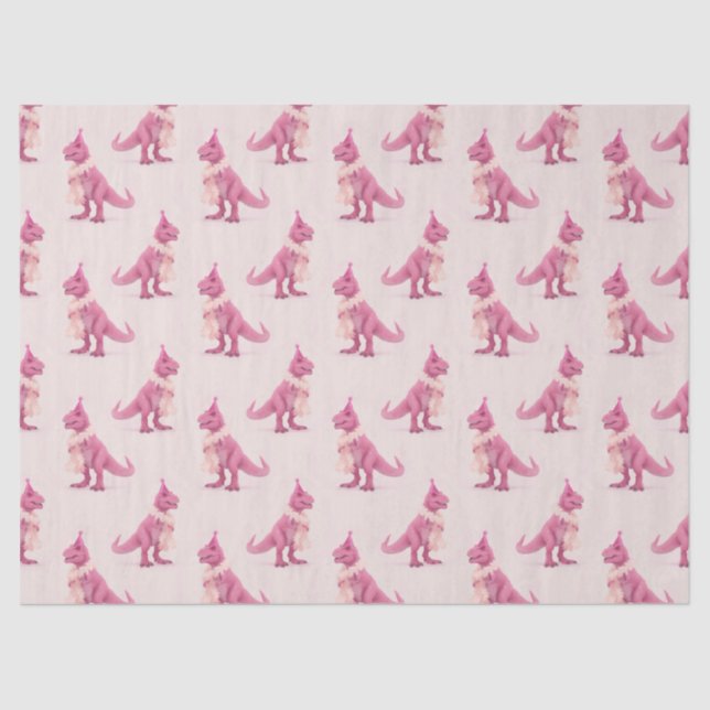 Papier Mousseline Pink cute t-rex dinasour with boa and party hat (Recto)