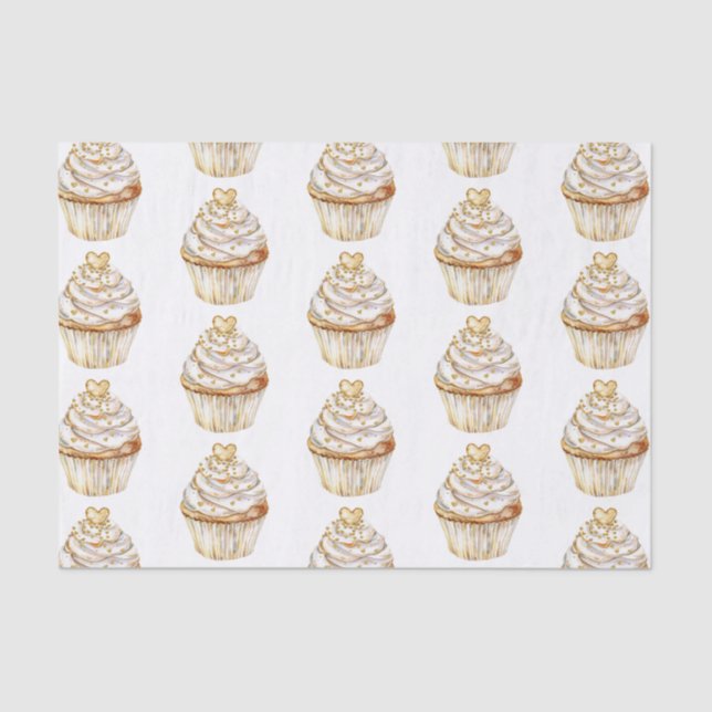 Papier Mousseline Pink Gold White Cream Heart Cupcake Anniversaire (Recto)