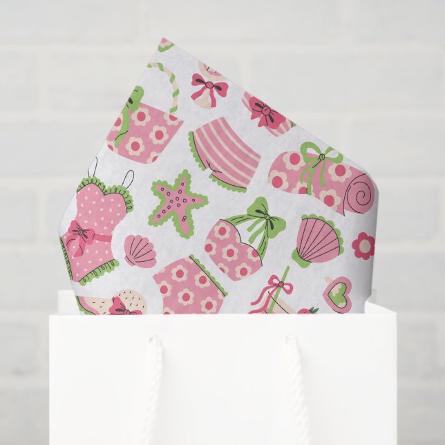 Papier Mousseline Pink & Green Coquette Summer Beach Vacation (Sac cadeau)