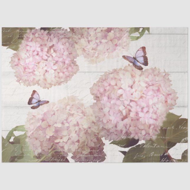 Papier Mousseline Pink Hydrangea Butterfly Floral Script Art (Recto)