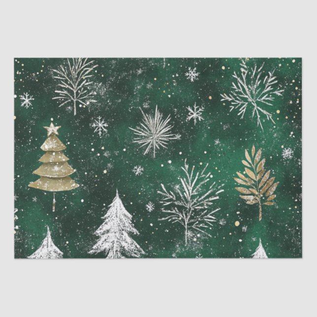 Papier Mousseline Pins d'or Silver Snowflakes Hunter Green (Recto)