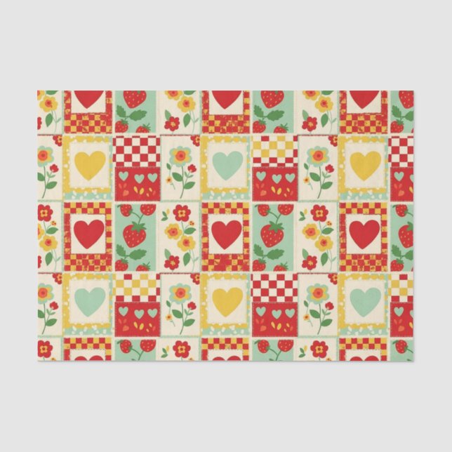 Papier Mousseline Pique-nique patchwork fraise (Recto)