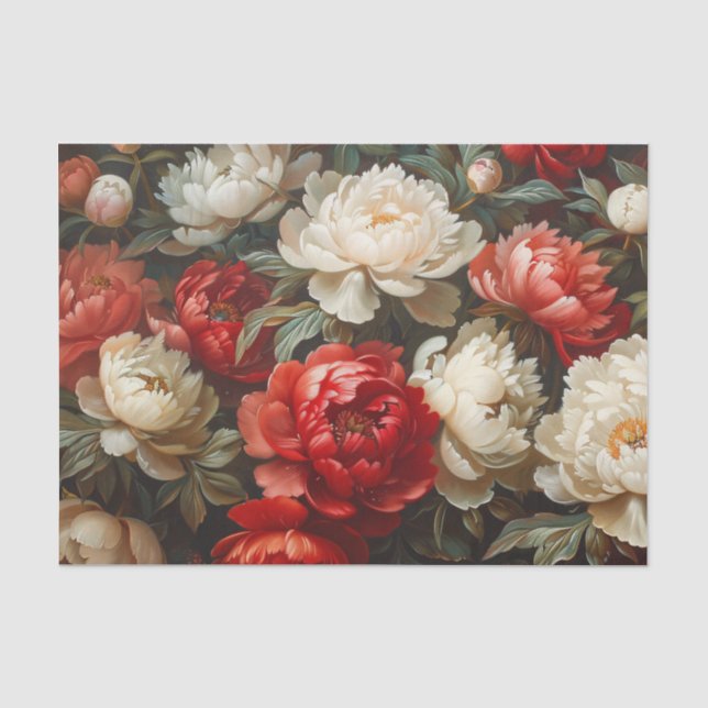 Papier Mousseline Pivoines en découpage rouge et blanc (Recto)