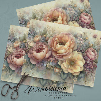 Papier Mousseline Pivoines Romantiques Vintage en Découpage Rose Jau