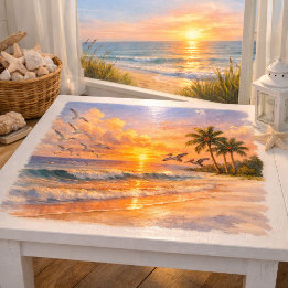Papier Mousseline Plage au lever du soleil aquarelle avec palmiers